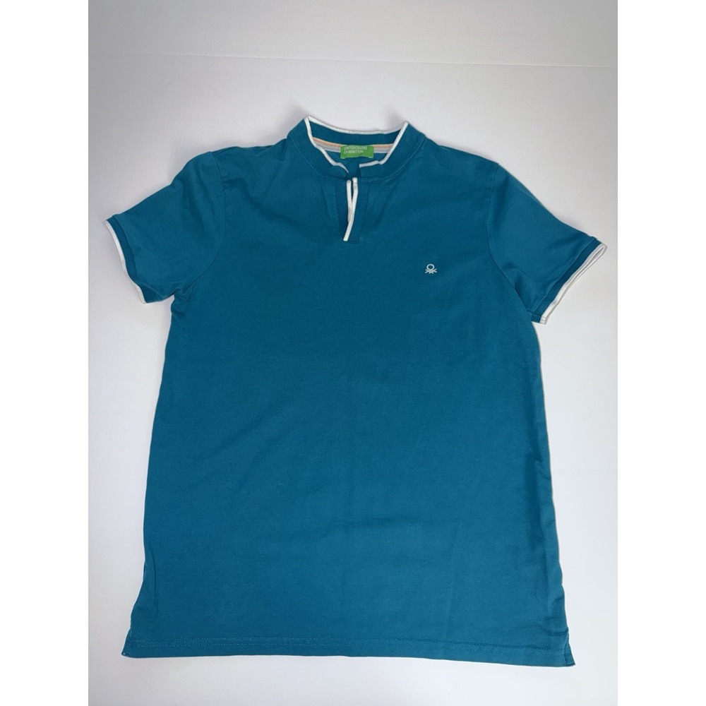 United Colors of Benetton Men Large Polo Shirt Teal Blue White Rainbow Retro Top